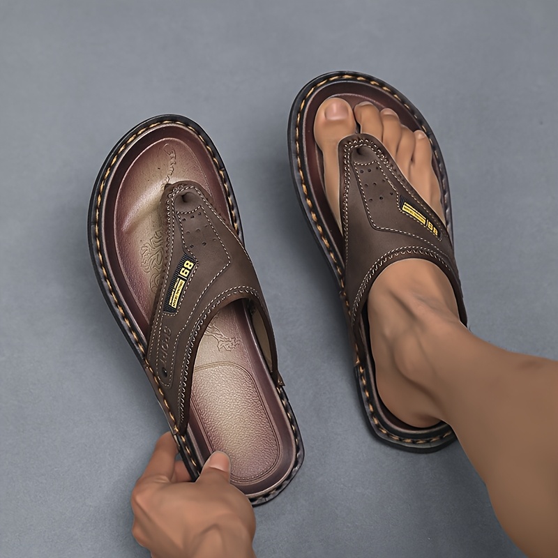 Image of Men's Casual Slip-on Toe Thong Sandals - Breathable Pu Upper & Non-slip Rubber Sole, Comfortable For Beach, Streetwear, Daily Use - Spring Summer , Beach Sandals