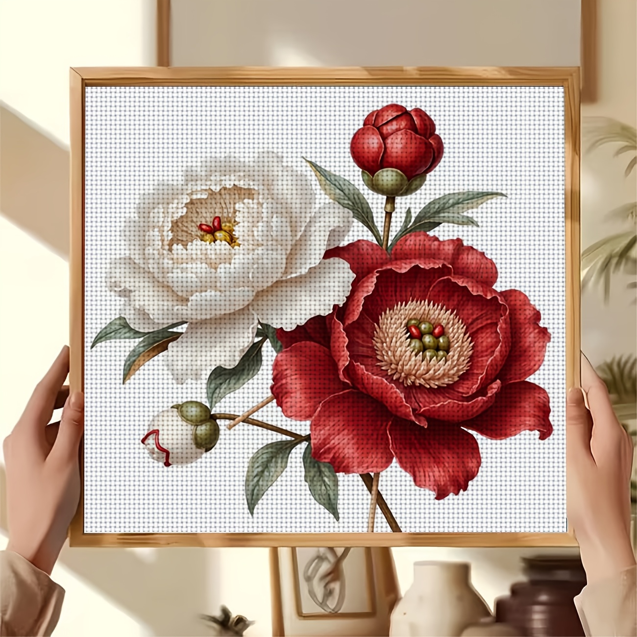 Frameless Cross Stitch Printed Kit, "White Red Peony with Green Leaves" Pattern