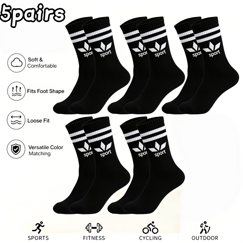 TEMU 5 Paires de Chaussettes Tubes Homme et Femme, Série Motif Feuille d'Érable à Double Bande, Chaussettes de Sportive, Série de Couleurs Classiques