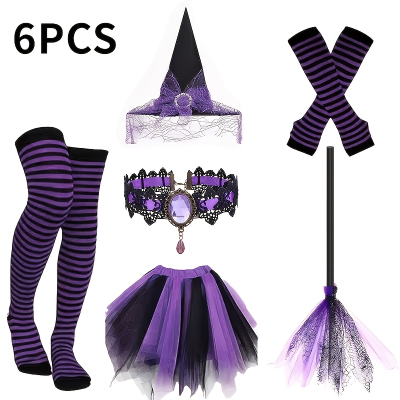 TEMU 6pcs Witch Costume Set, Adult Women's Costume And Accessory Set, Including A Witch's Hat, Tulle Skirt, Arm Warmers, Knee-high Socks, A Witch's