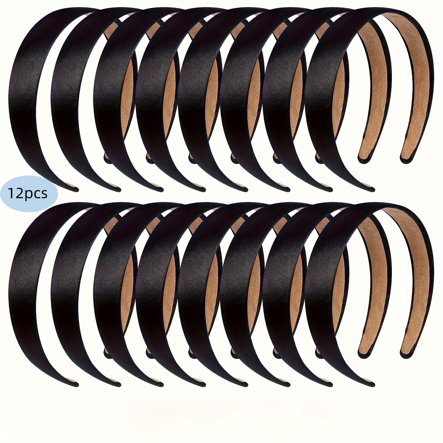 12pcs Elegant Black Satin Headbands - 1 Inch Anti-slip Ribbon Hair Bands For Women &, Perfect For Diy Crafts & Fashion Accessories