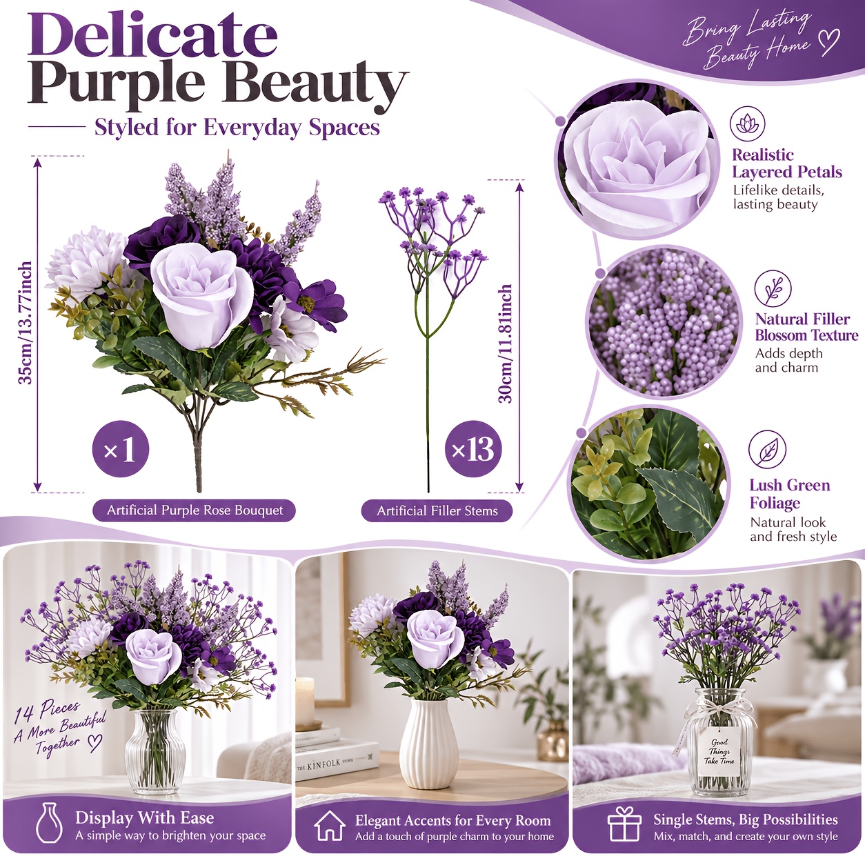 TEMU di fiori artificiali viola da 14 , inclusi gipsofila, rose, , e di lavanda. Decorazione realistica con fiori finti, adatta per soggiorno, camera