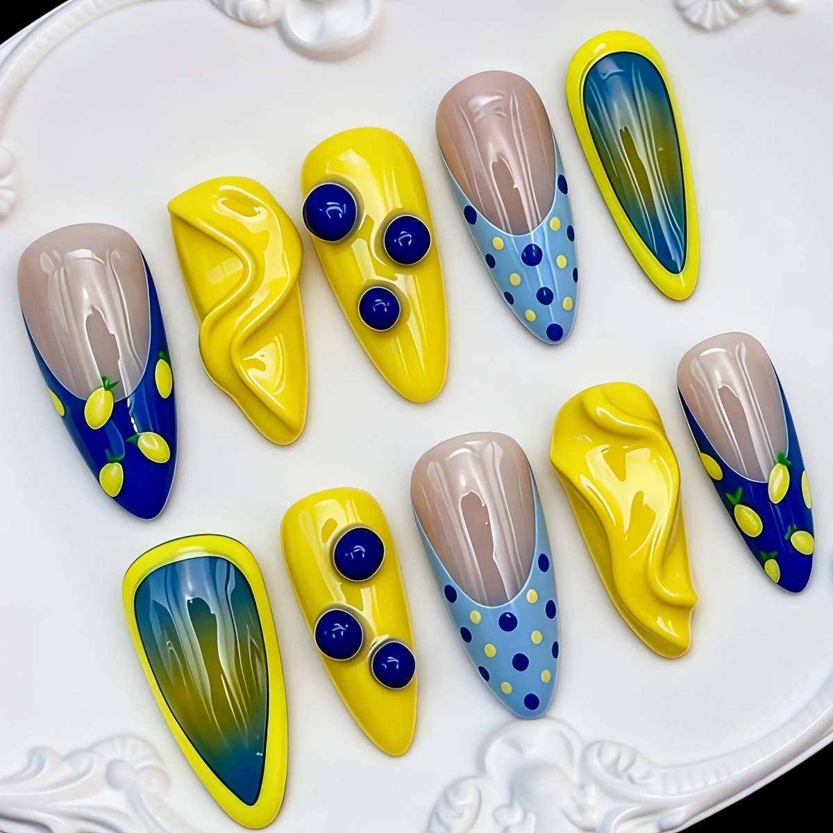 TEMU Make More Beautiful - 10pcs Handmade Glue-on Nail Sets - Contrasting Color Three-dimensional Pleated Lemon Almond Nail Art. Blueberry Dot