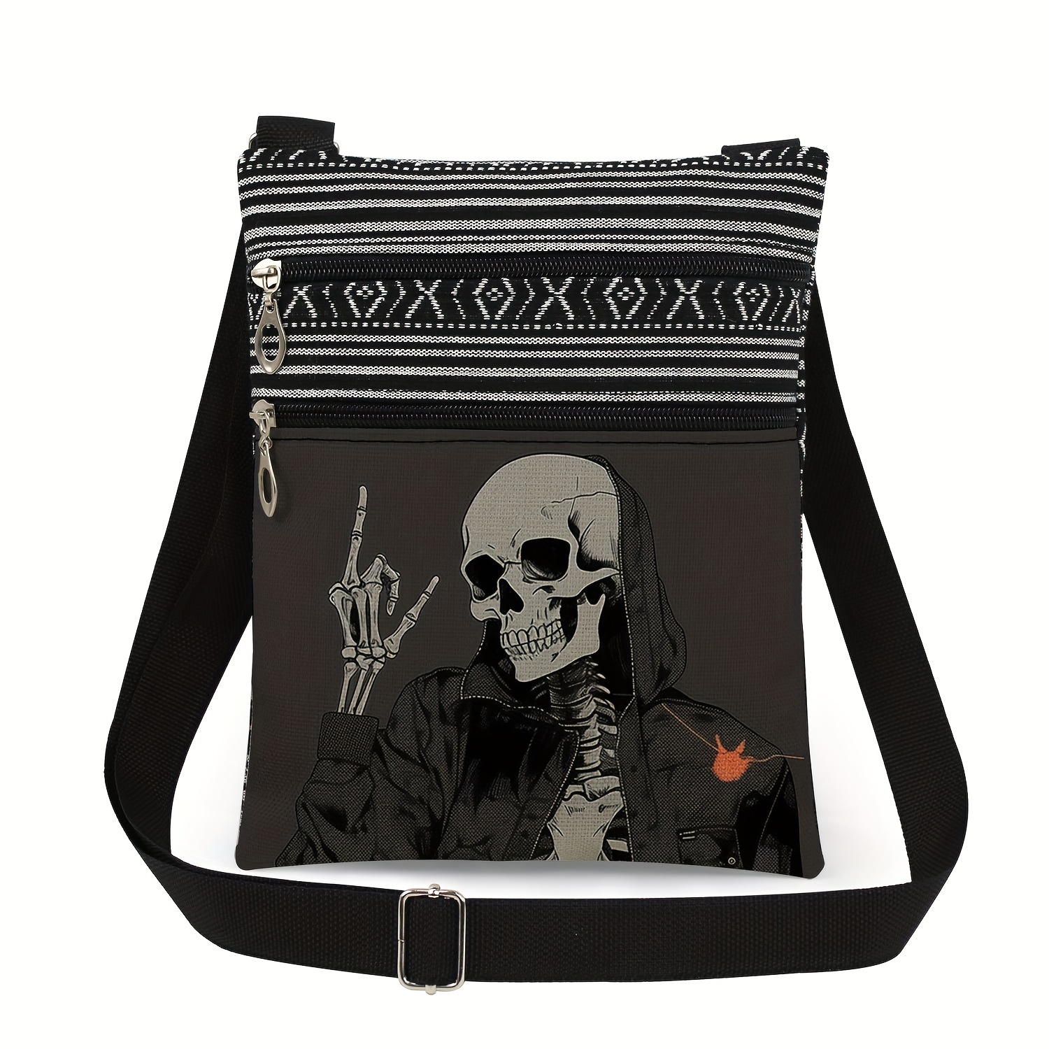Image of Black And White Striped Pattern, Random Fun Skull Black Crossbody Bag, Fashionable Skull With Middle Finger "y" Gesture Print Women's Shoulder Bag, Gift Bag For Lovers, Relatives