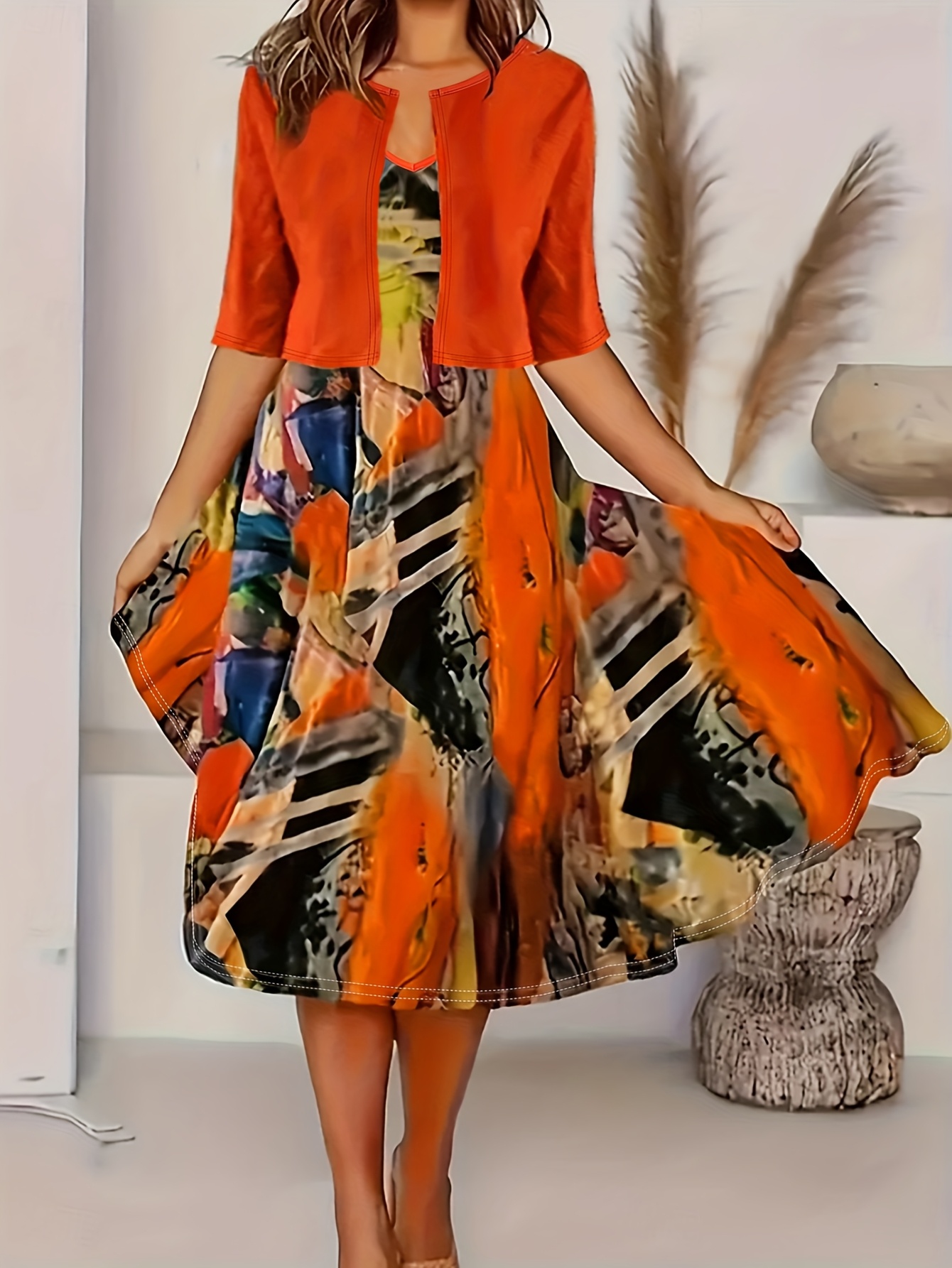 New Fashionable Elegant Full-Body Print V-Neck Spaghetti Suspender Dress  Set for Women * Spring/Summer