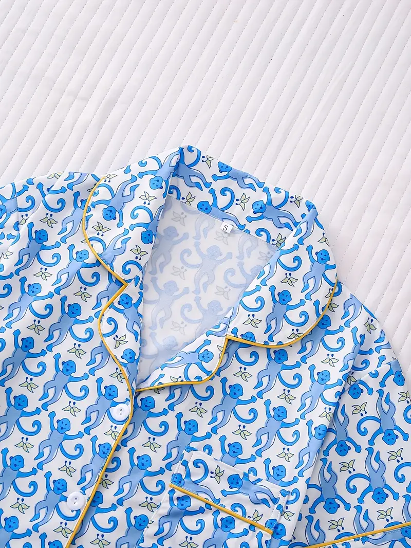 three sets of womens pajamas set womens pajamas set combination knitted fabric short sleeved button top and matching pants full body print collar and pocket details suitable for adult pajamas set Product details 7