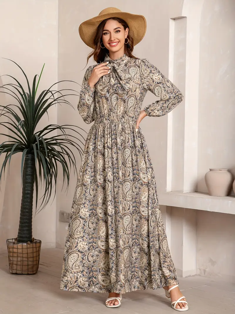 Women's Elegant Tropical Print Maxi Dress with Puff Sleeves & Ruffle Collar Bow - A-Line Beach Wedding Guest Dress, Long Formal Evening Gown, Machine Washable -Length Dress for Parties, Prom, ... Women's Elegant Tropical Print Maxi Dress with Puff Sleeves & Ruffle Collar Bow - A-Line Beach Wedding Guest Dress, Long Formal Evening Gown, Machine Washable -Length Dress for Parties, Prom, ...