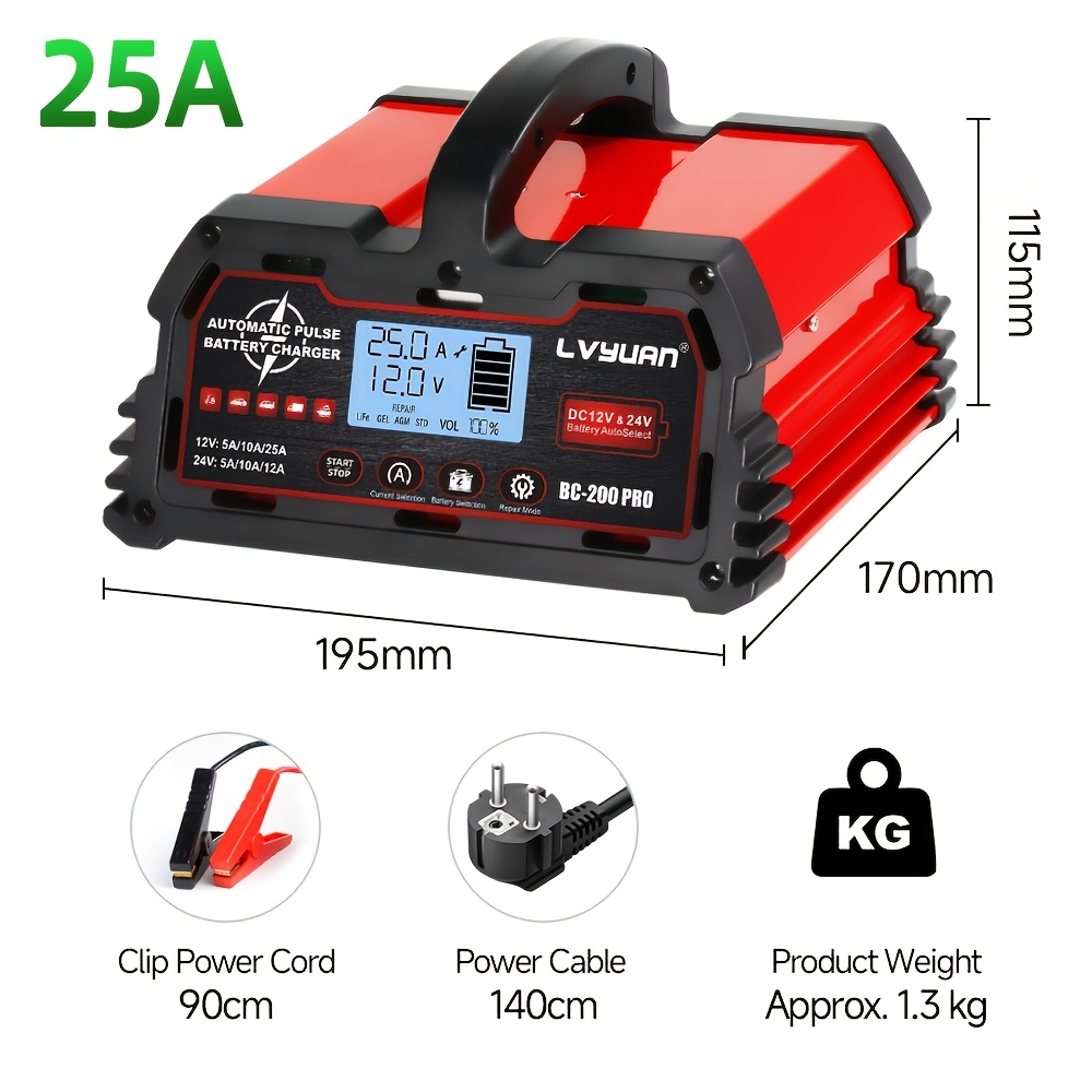 Image of 25a Battery Charger, 12v/24v Lead-acid Battery , 12v Lifepo4 Car Battery Trickle Charger, Automatic Battery Maintainer, Suitable For Car, Motorcycle, Lawn Mower, Marine Lead-acid Batteries