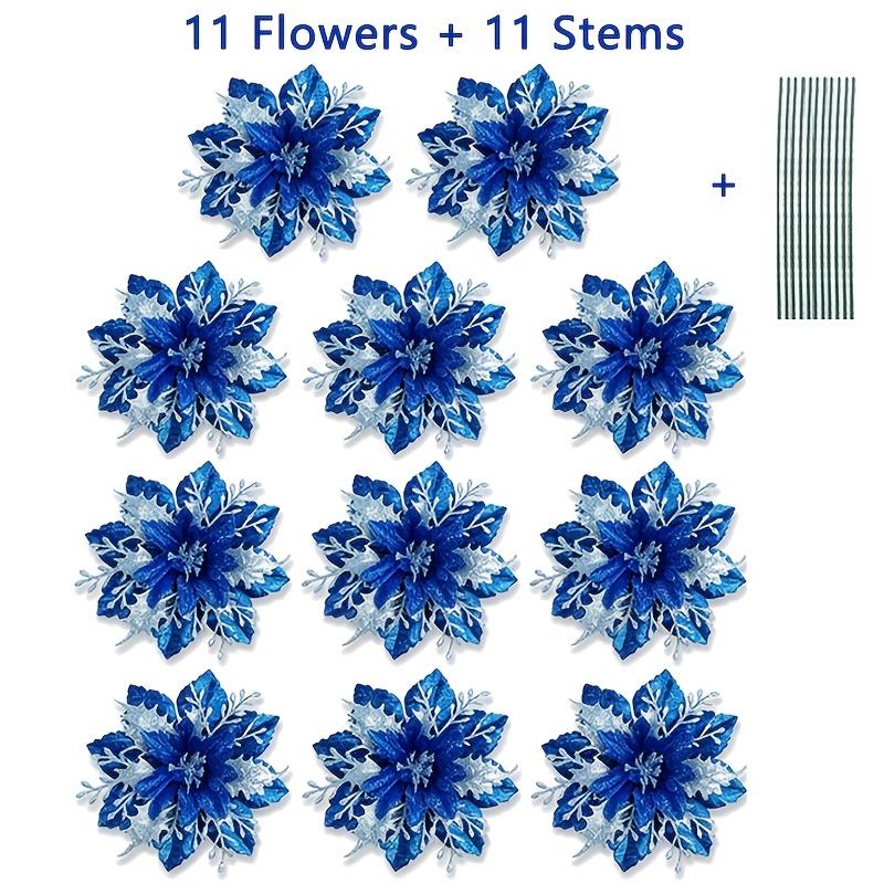 TEMU Set van 22 stuks (11 bloemen + 11 ) blauw-zilverkleurige glitter kunstkerstbloemen met , 15 cm/5,91 inch in diameter, kerstster nepbloemen,