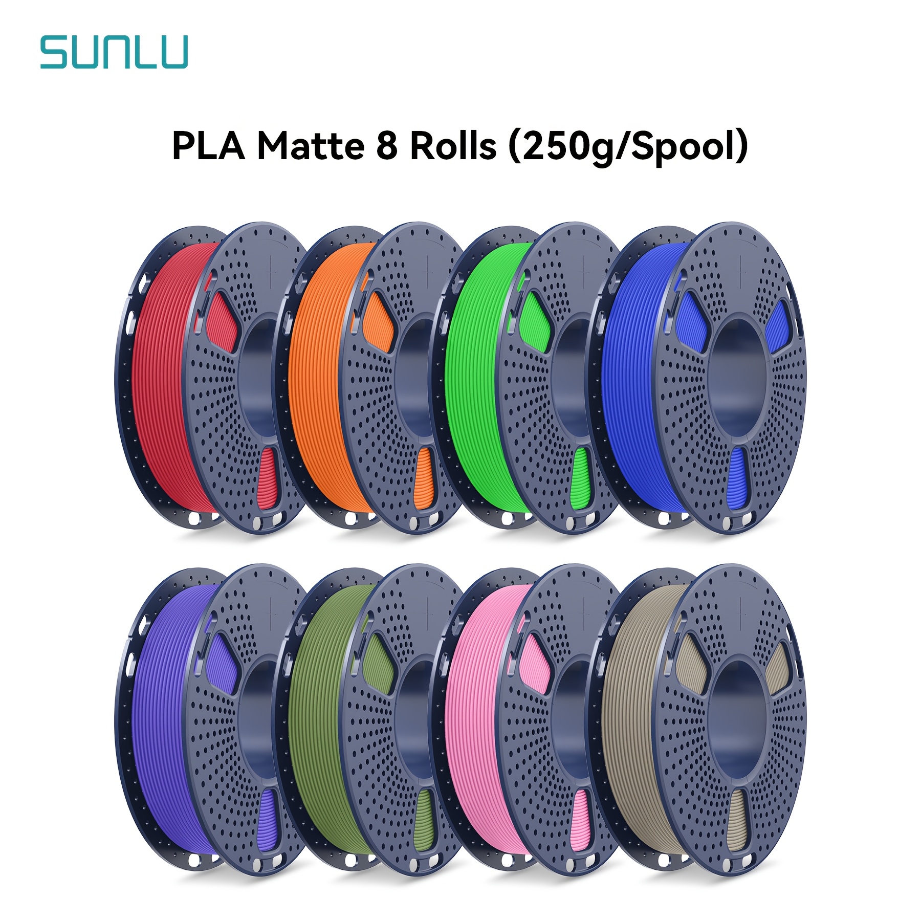 Sunlu 2kg Pla Matte Filament Set, 3d Printing Filament, 8 Packs 0.25kg, 1.75mm, Matte End, Frosted Texture, (red, Orange, Pink, Lavender Purple, , Green, Olive Green, Clay)