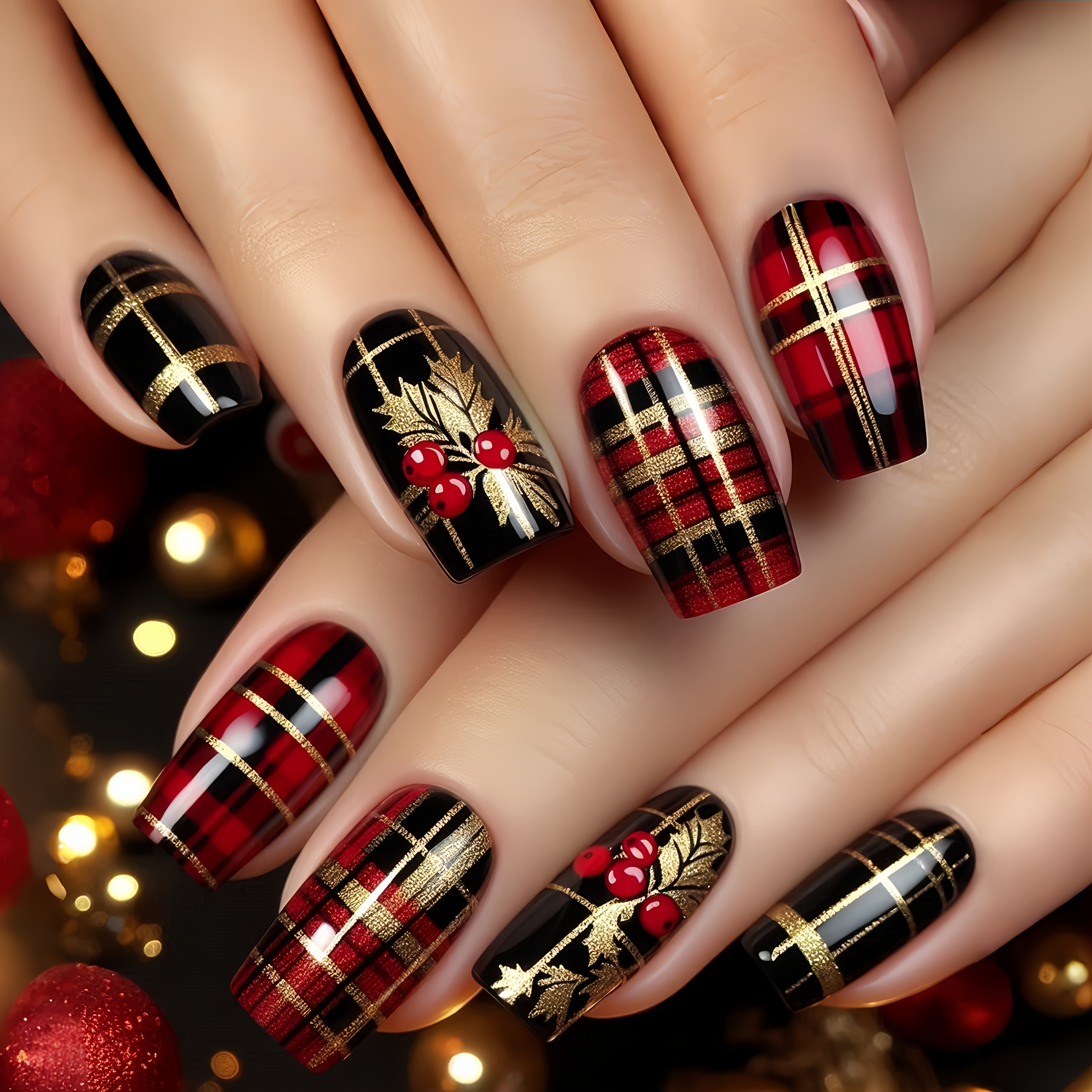TEMU 24 pièces d'ongles carrés européens de longueur moyenne avec motif rayures végétales, ongles rouges et noirs, ongles artificiels amovibles pour