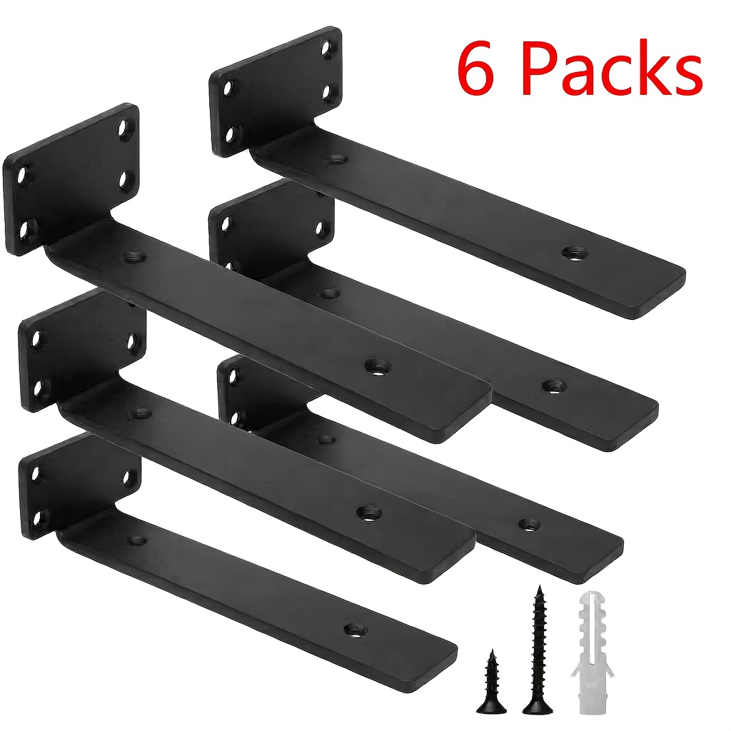 6pcs Heavy Duty Shelf Brackets 20cm Industrial Black Steel Wall Mounted Floating Brackets For Storage (4mm Thick)