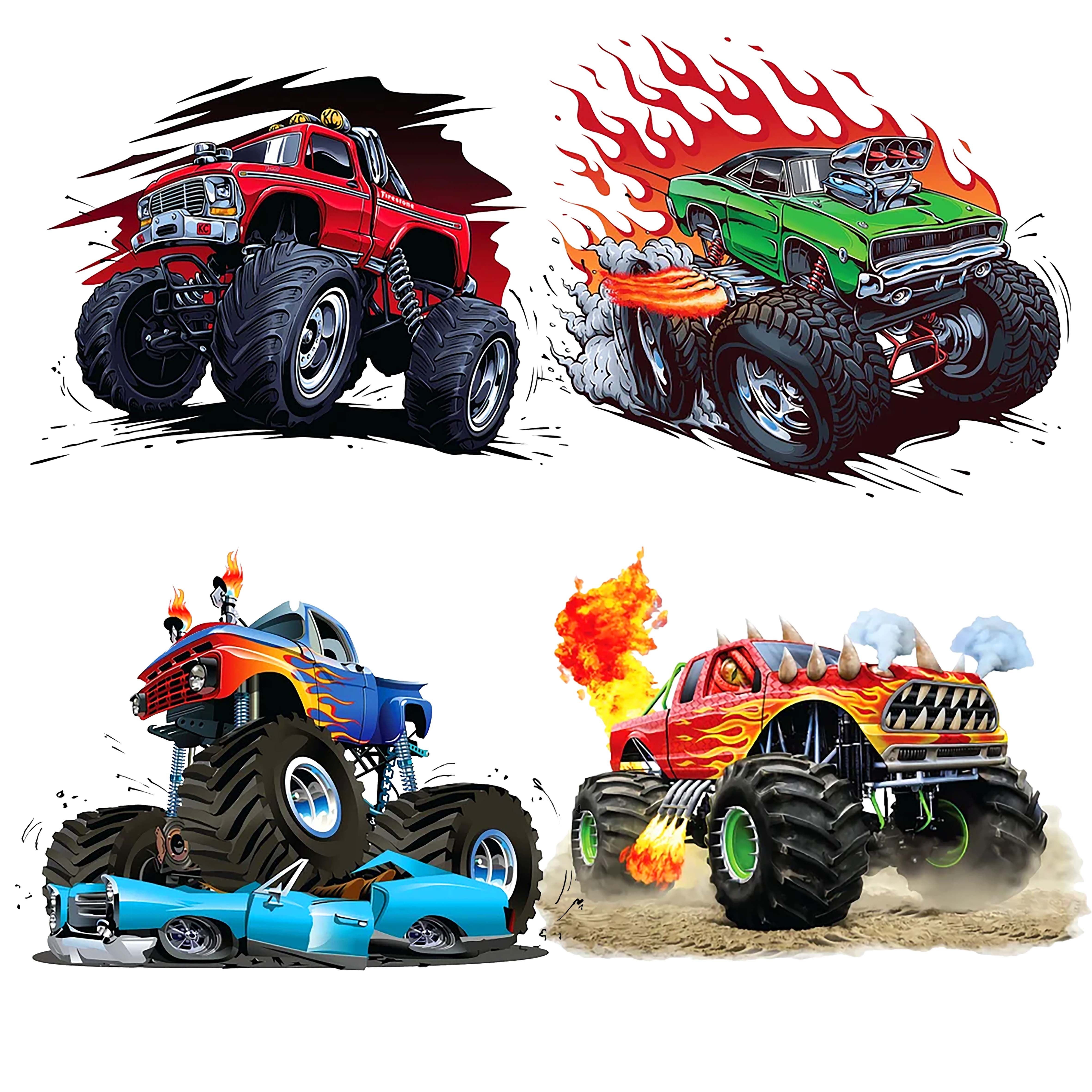 

4pcs/set Monster Truck Thermo Heat Transfer Sticker On Clothes Diy Washable Print On T-shirt Iron On Patches Decor