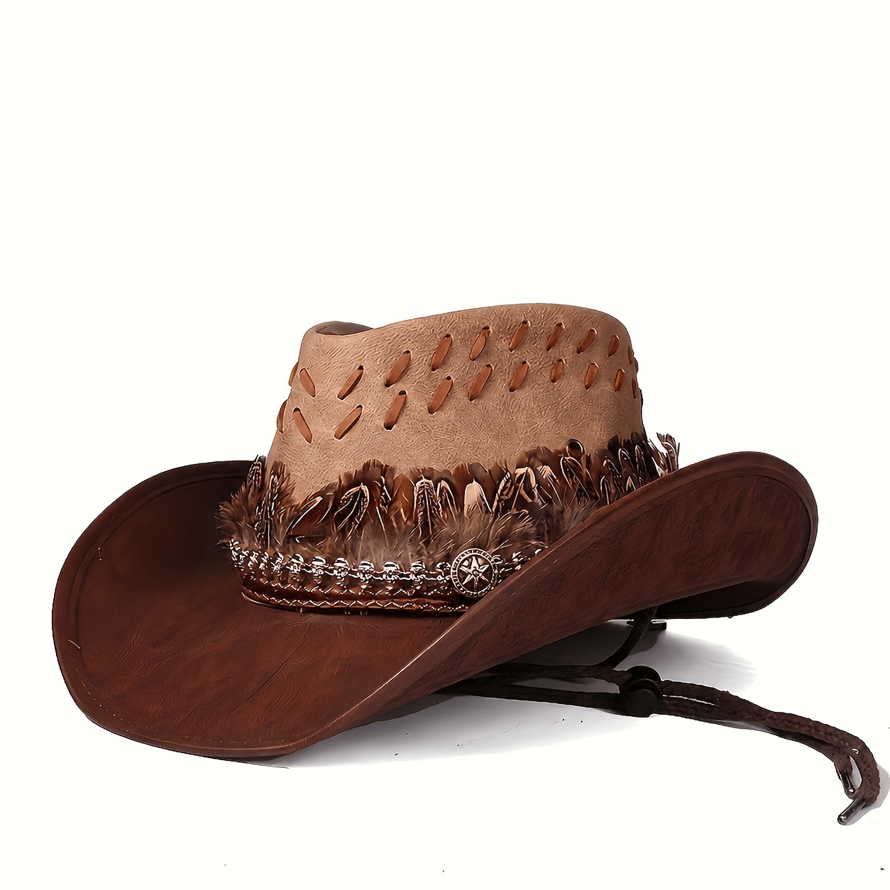 TEMU Feather-trimmed Vintage Cowboy Hat, Faux Leather Wide-brimmed Women's Cowboy Hat With Windproof Rope, Western Retro Cowboy Racing And Everyday