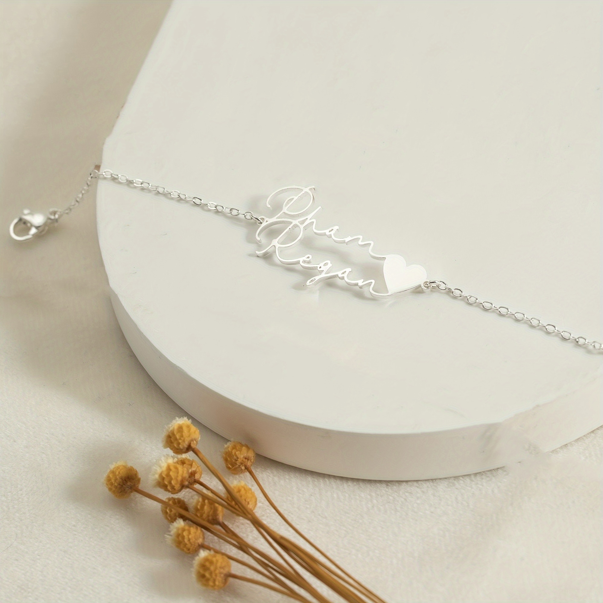 TEMU Personalized Heart-shaped Bracelet With Custom 2 Names, Stainless Steel Material, Exquisitely Designed In Elegant Bohemian Fashion, Couple's