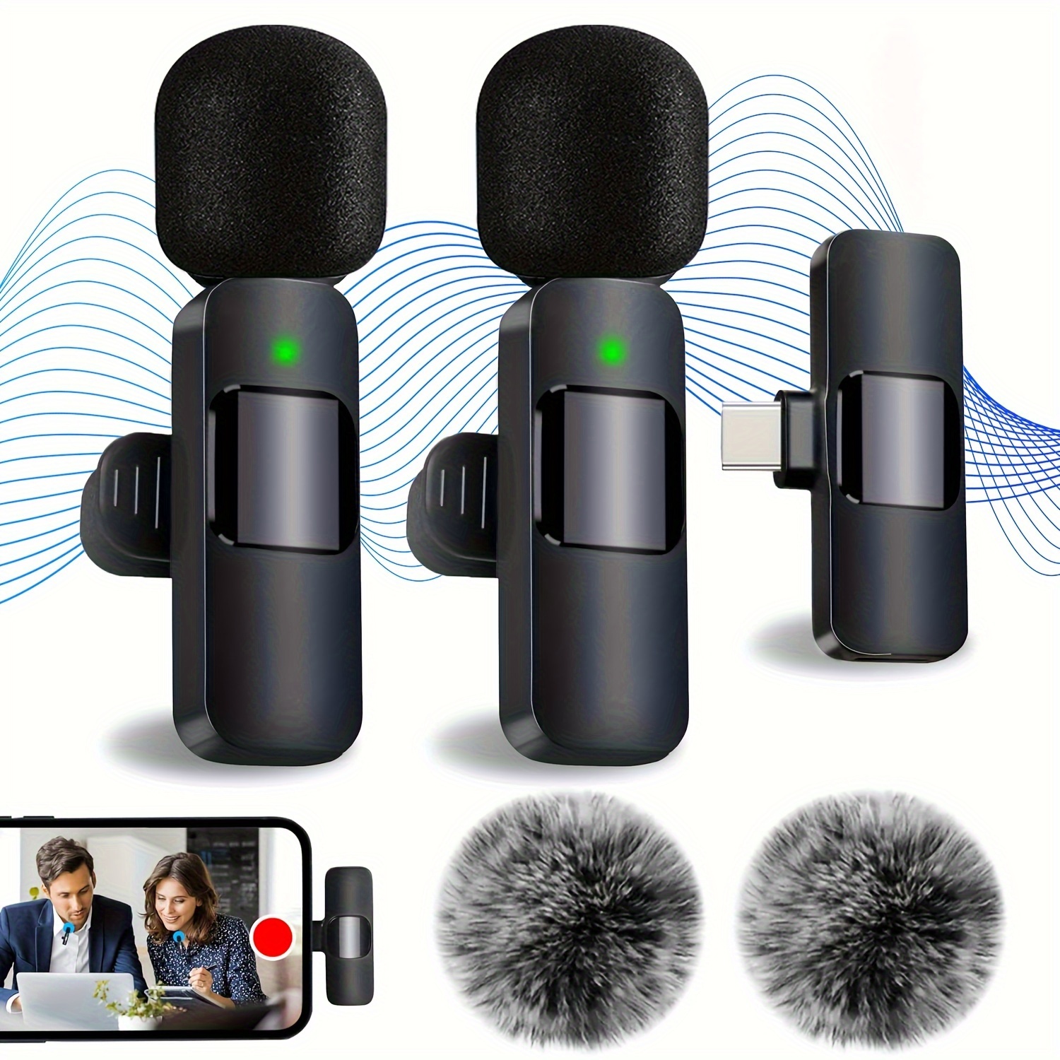 

Wireless Lavalier Microphone Lapel Dual Mics For Android - Cordless Omnidirectional Condenser Recording Mic For Interview Video Podcast Vlog