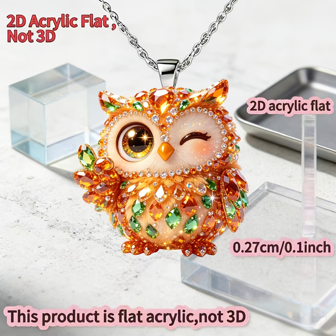 2D Acrylic Owl Pendant Necklace, Unisex Gift