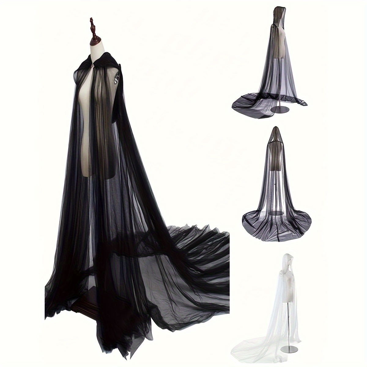 

1pc Elegant Sheer Mesh Solid Color Vintage Cloak With Hood, Romantic Bridal Cape, Ideal For Wedding And Special Occasions