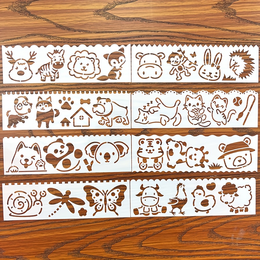 8pcs Mini Animal Hollow Painting Stencils Diy Lace Size For Wooden Board Paper Wall Cloth Fabric Rubbing Plate Plastic Material Reusabl