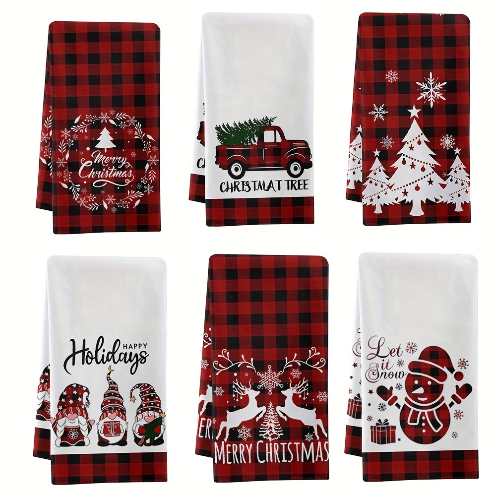 6pcs christmas kitchen towels festive   with snowflakes trees gnomes soft absorbent microfiber dish cloths red black   borders   holiday decor everyday use 0