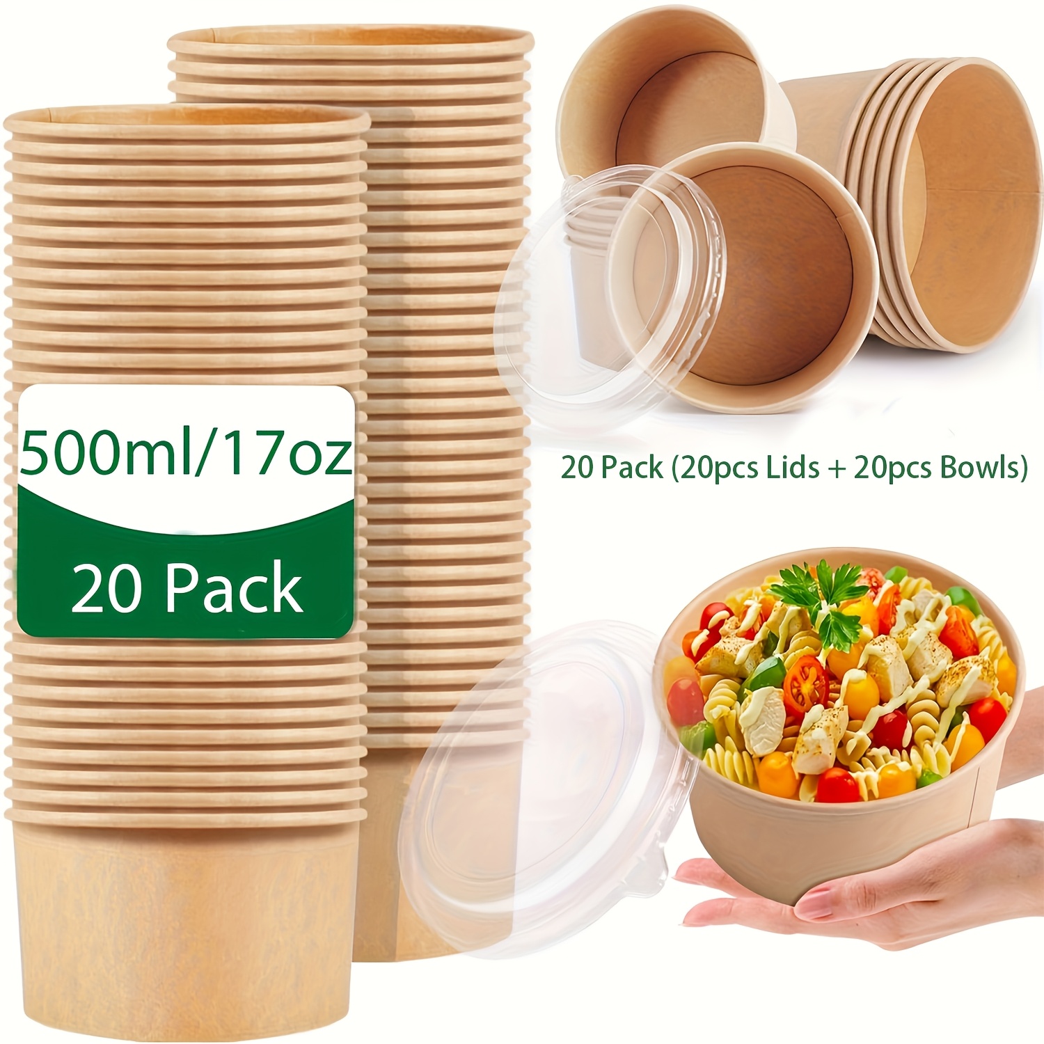 Image of 17oz/500ml Pack Paper Bowls With Lids, Disposable Soup Serving Bowls Bulk, Food Containers Lunch Box, Salad Dessert Bowls, Meal Prep Bowls, Party Supplies For Hot/cold Food, Soup, Food Packaging