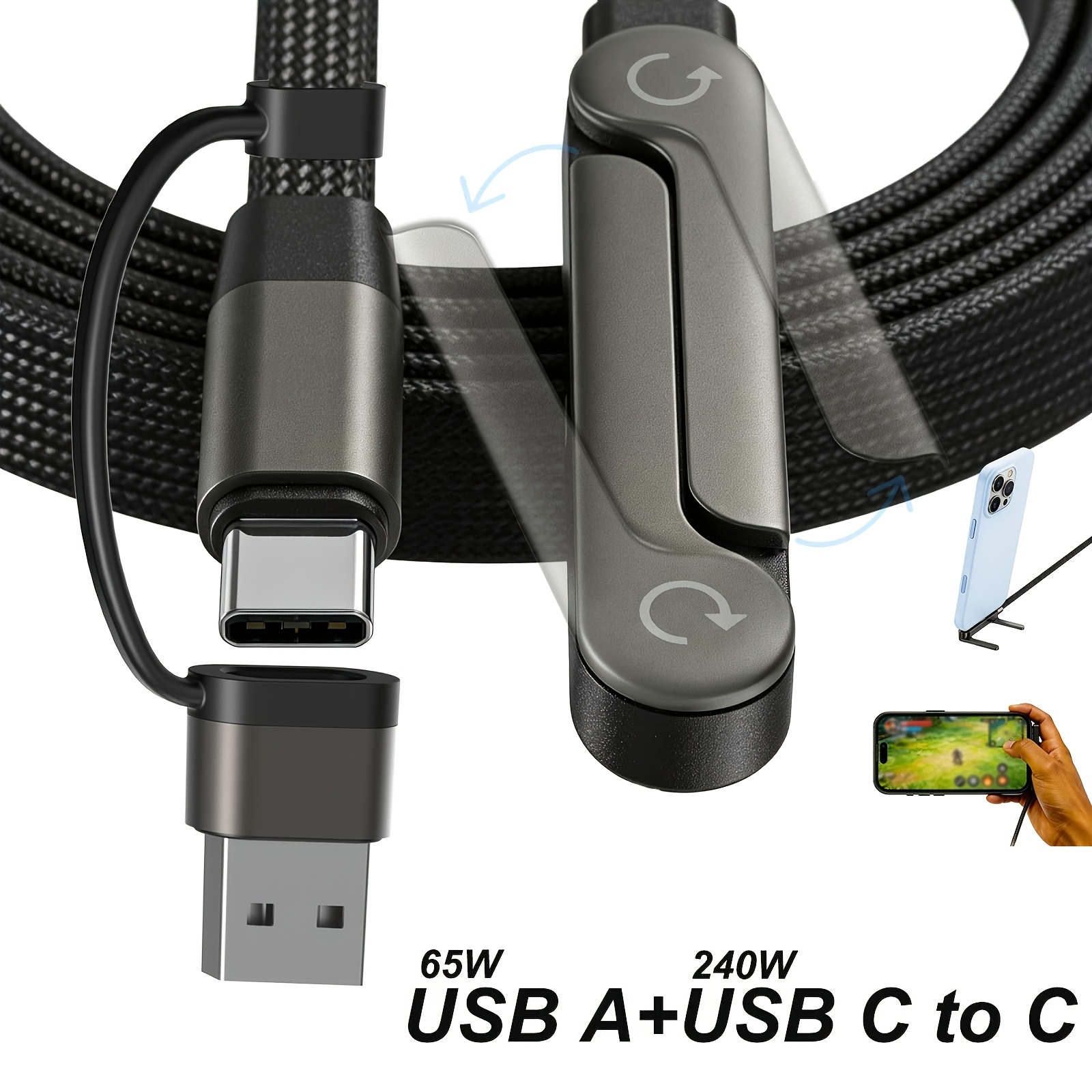 240w 2 in 1 foldable stand charging cable with   charging and angled connector for comfortable handling compatible with huawei xiaomi honor laptops ipad and   fast charging data cable type c and usb a dual port cable