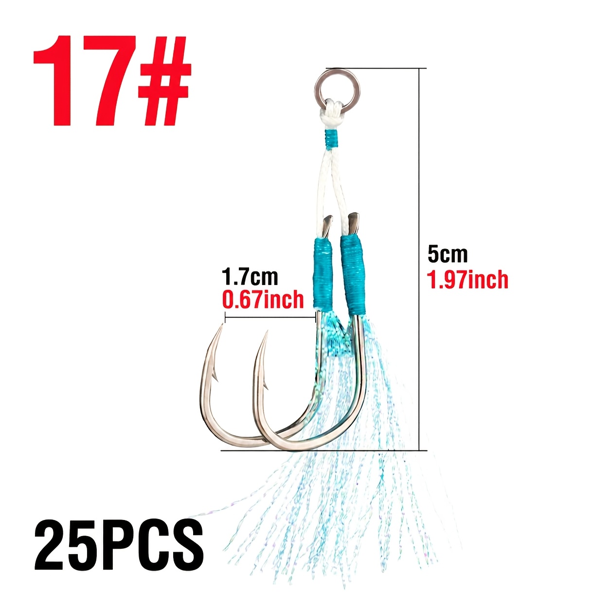 TEMU 25pcs Fishing Assist Double Hooks High Carbon Steel Barbed Jigging Hooks With Solid Ring And Blue Tinsel Saltwater Slow Jig Lure Hooks Size