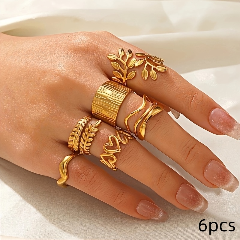 5pcs 6pcs Golden Stainless Adjustable Women's Ring Set Metal Hip-hop Gift Additions