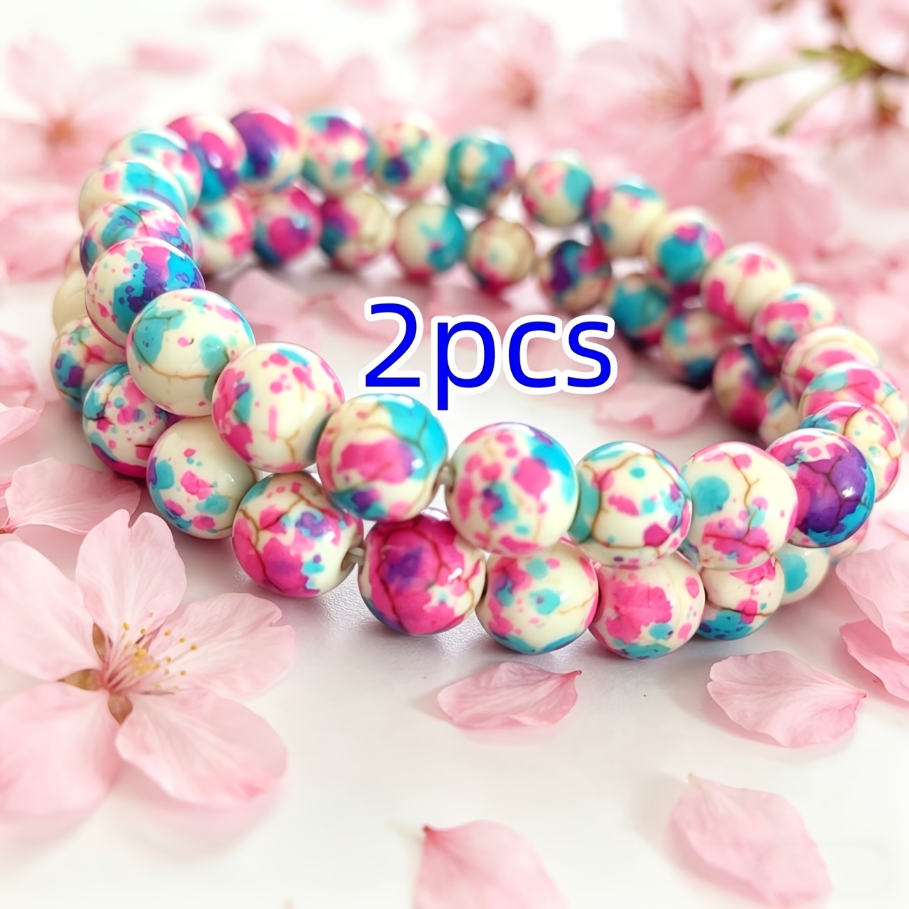 2pcs Dreamy Pink & Blue Iridescent Stone Bead Bracelet Set