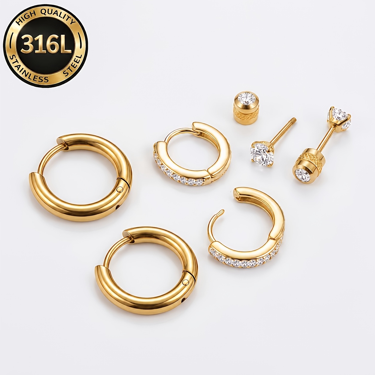 TEMU High-quality 6pcs Set Of 316l 316l 316l 316l 316l Stainless Steel Hoop Earrings, Elegant And Fashionable, Low-allergy 5a Zirconia Stud Earrings,