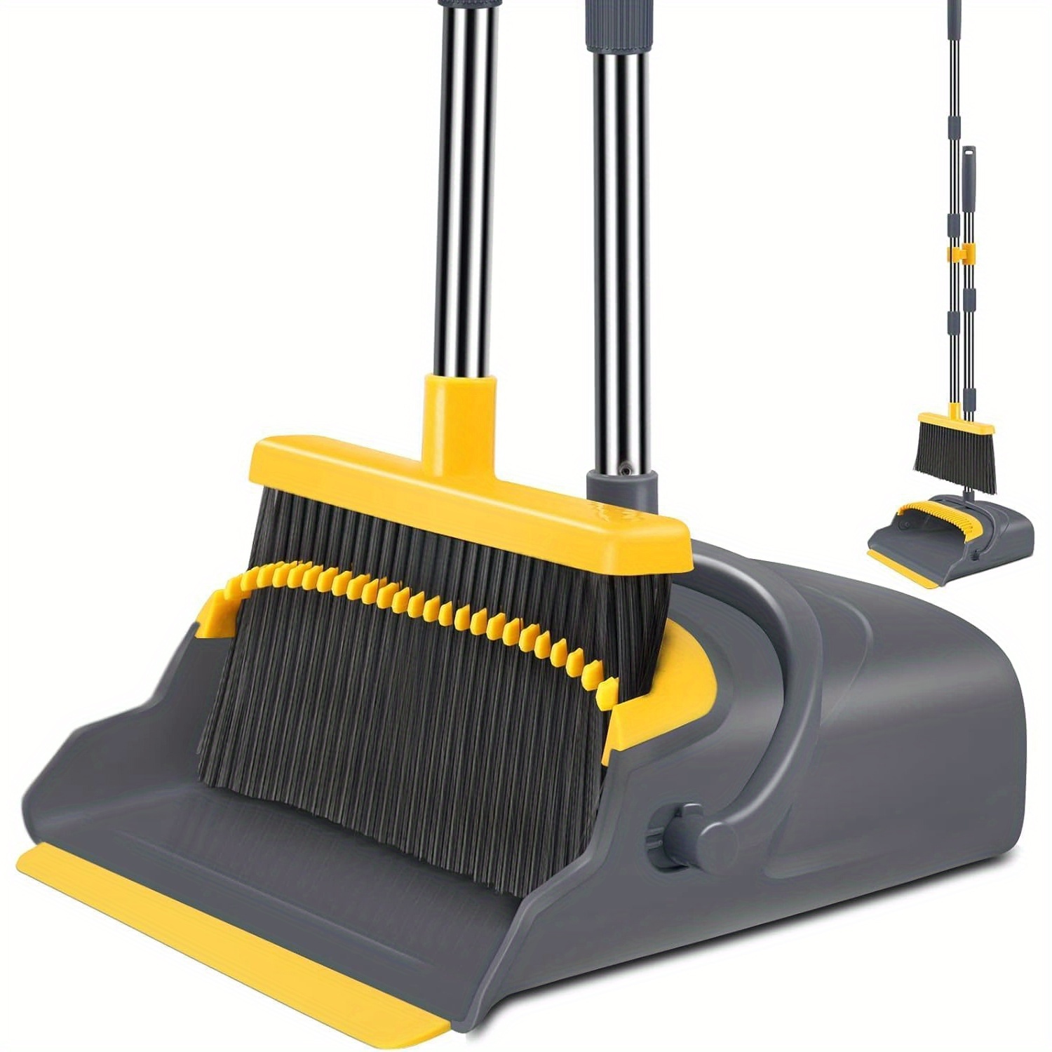 juteng local broom and dustpan set long handle sweep combo for home office kitchen   shop upright dustpan 4 row of dense bristles sweeper indoor outdoor cleaning stand up broom dust pan set gray yellow Product details 3