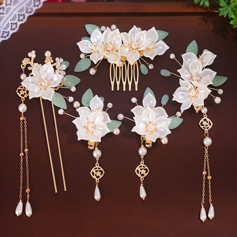 

Elegant 5pcs White Floral Hair Accessories Set With Tassels – Handmade Alloy And Pearl Decor For Traditional Style Events And Costumes