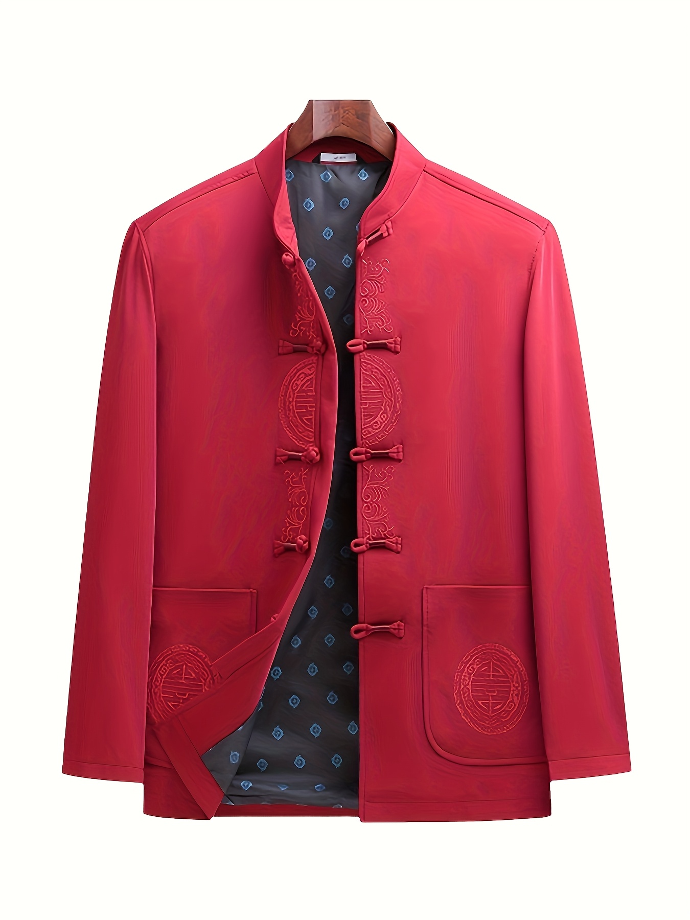 Veste Chinoise Style Tang - Broderie Dragon Rouge, Polyester, Tailles M à XXXL - 6