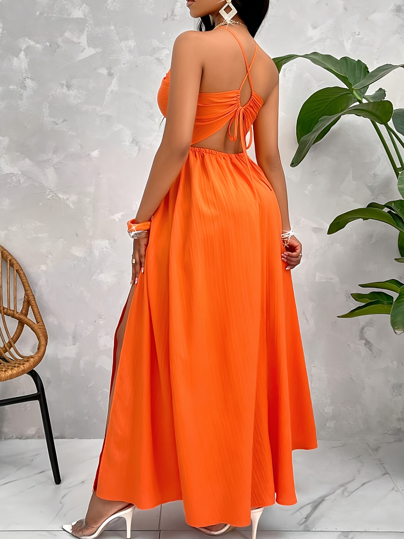 elegant orange halter neck maxi dress deep v neck high slit - Temu Bahrain