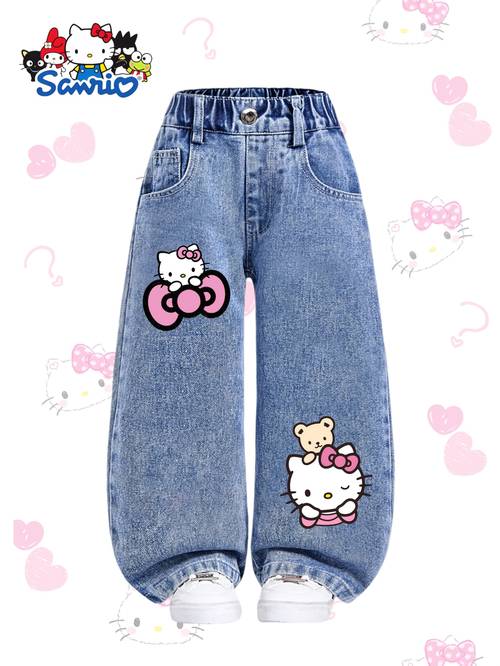 print style cute straight leg loose fit casual jeans for young girls fashionable and versatile fully elastic waistband comfortable denim fabric back to school trousers outdoor street style trendy pants holiday edition