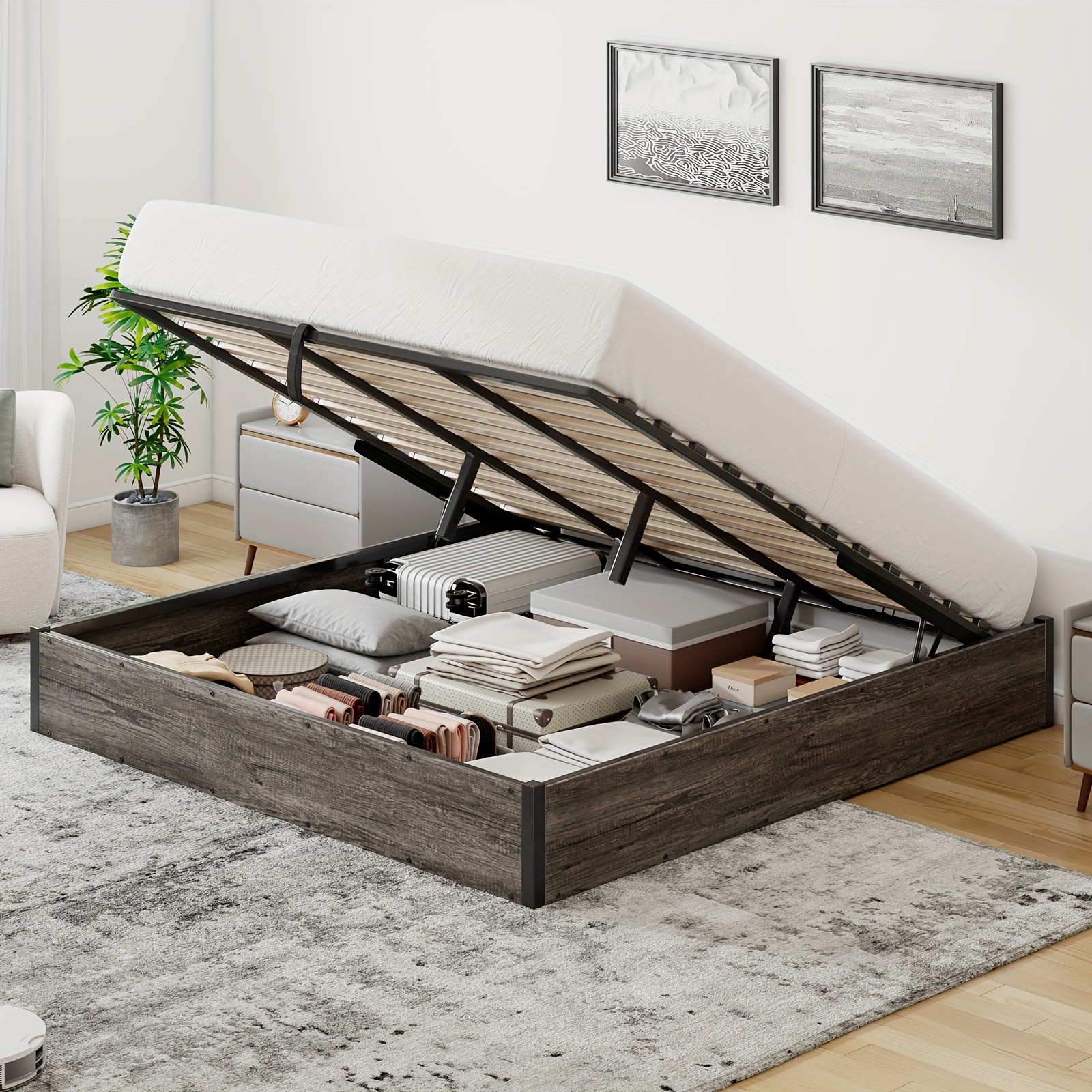 TEMU Lift Up Storage Platform Bed Frame, Metal Bed Frame With Wooden Slats Support, Spring Needed, Large Storage Space, , Easy Assembly