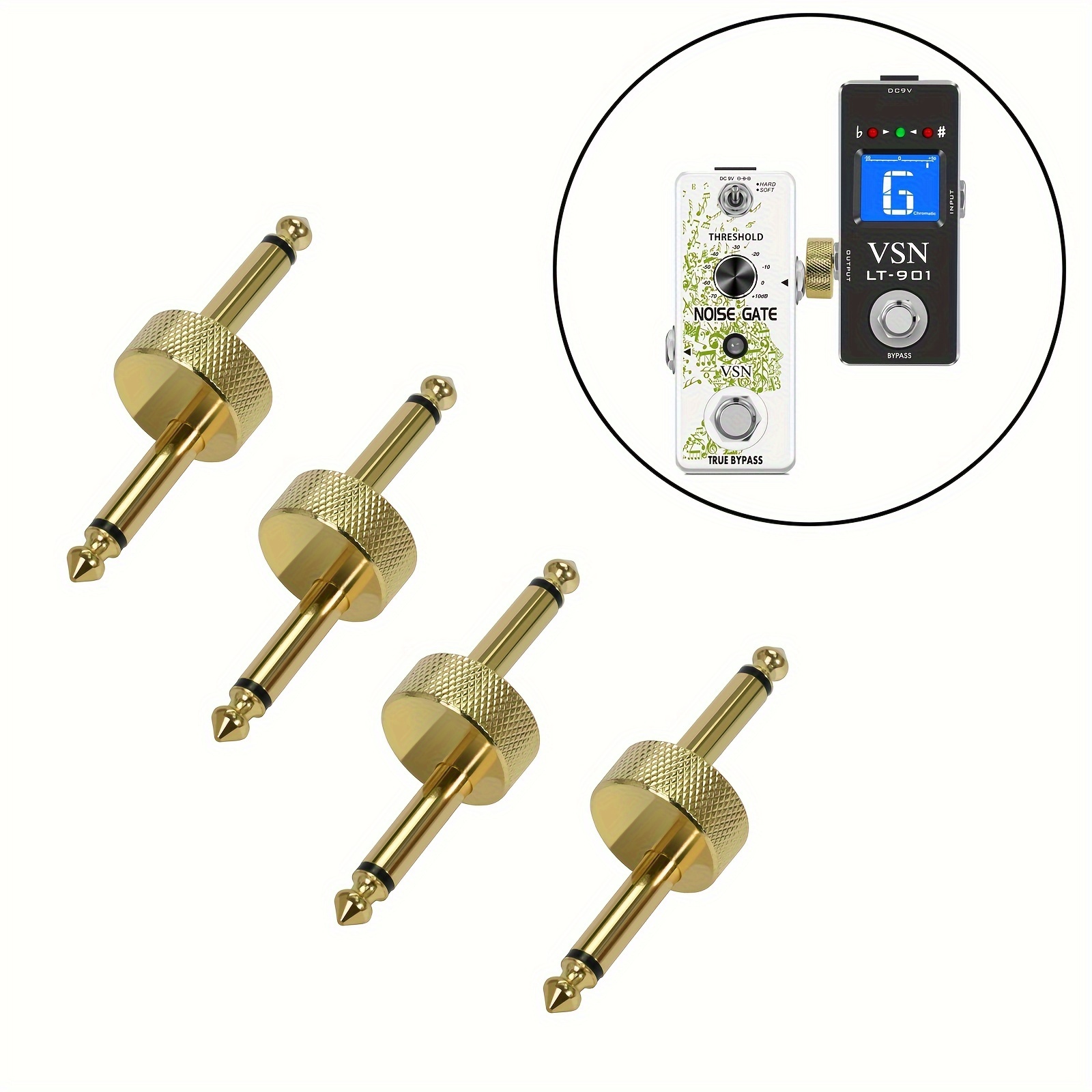 

4pcs Guitar Pedal Connector, 1/4 Inch Guitar Pedal Connector Z .3mm Pedals Coupler 4 Pack Pedal To Pedal Connector Ts Copper Male Connector For Effect Pedalboard Space Saving Golden