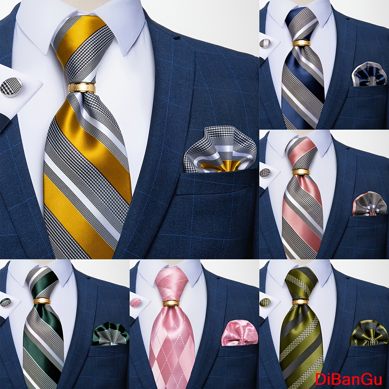 

Silk Mens Striped/ Tie & Pocket Square & Cufflinks & Tie Ring Set, Wedding Ties