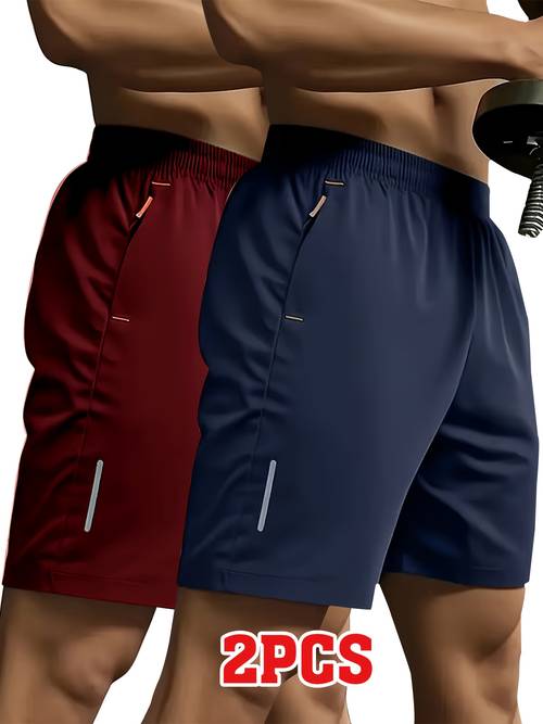 imagen del artículo juego de 2 piezas de shorts , shorts deportivos casuales para hombre con diseño estampado de tira reflectante, bolsillos con cremallera de cara, tela de poliéster cómoda y transpirable, cintura elástica, múltiples colores y combinaciones disponibles, modernos y geniales. adecuados para