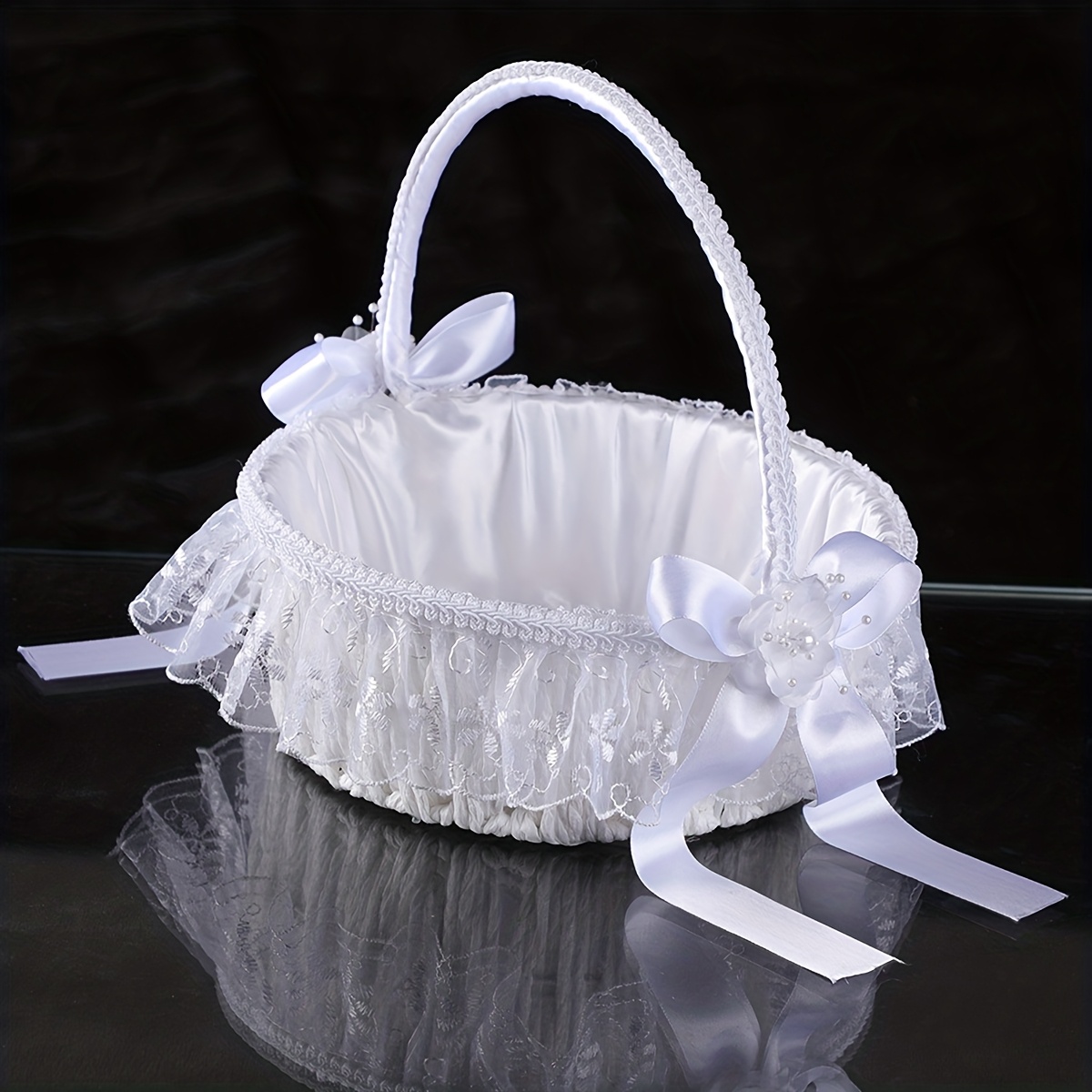 TEMU Panier porte-pétales de fleurs pour la Saint-Valentin, panier à fleurs de demoiselle d' de mariage à main avec nœud et bordure en dentelle,