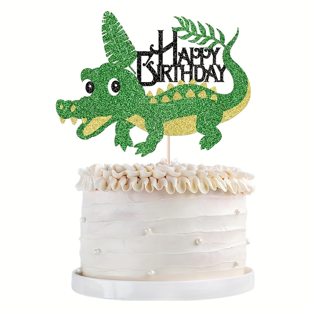 1pc Glitter Crocodile Happy Birthday Cake Topper-animal Themed Birthday Party Decor Cake Decoration Birthday Party Decoration Supplies
