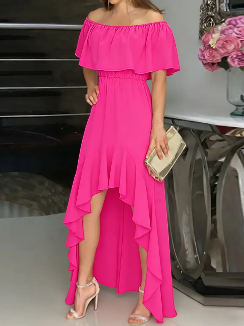 Spring/Summer Women's Elegant Bright Rose Off-the-Shoulder Dress, Waist-cinching Irregular Ruffle Hem Flowy Maxi Dress, Suitable for Daily Casual Wear, Fashion Parties, and Dates 9A11809-1 Spring/Summer Women's Elegant Bright Rose Off-the-Shoulder Dress, Waist-cinching Irregular Ruffle Hem Flowy Maxi Dress, Suitable for Daily Casual Wear, Fashion Parties, and Dates 9A11809-1