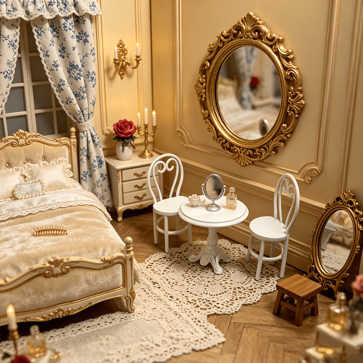 French Retro Mini Doll Furniture Set with Curved Back Chairs & Dressing Mirror