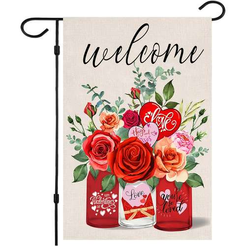 Happy Valentine's Day Garden Flag – 12x18 Red Roses Design, Waterproof Polyester