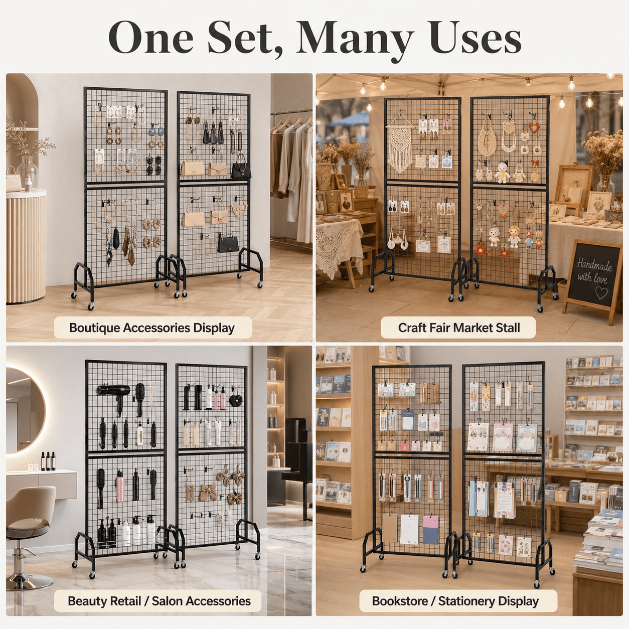 Image of 2-pack Display Rack With Wheels, Large Black Wire Grid Wall Panels With 20 Hooks, Freestanding Retail Display Stand For Craft Fair, Market Stall, Exhibition, Boutique And Shop Display