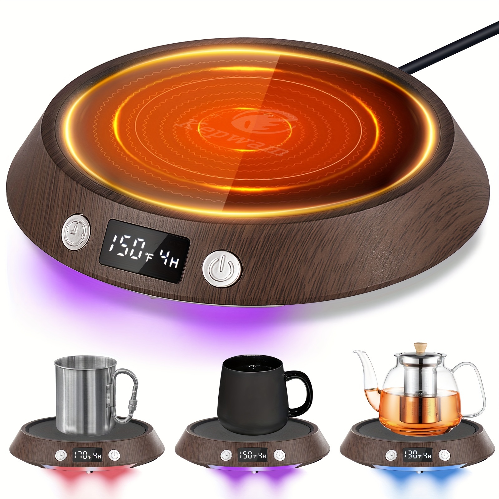 TEMU Kepwam - 55w Electric Coffee Warmer For Desk 3 Temp Settings & 2-9 Timer Smart Cup Warmer For Desk Candle Warmer Plate With Led Lights Beverage Tea Milk Warmer For