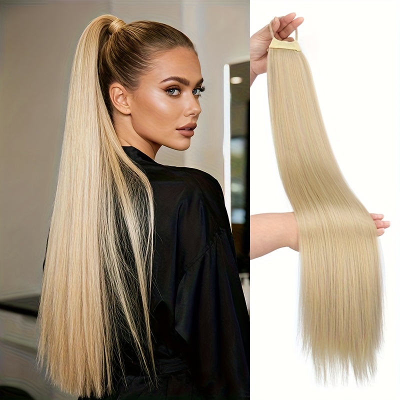 E-shop Damen-Haarverlängerung für Pferdeschwanz: Synthetisches langes glattes Haar mit elastischem Band – Verleiht Volumen & Länge, für Partys,