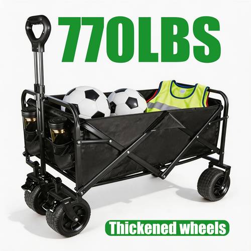 1pc foldable heavy duty trolley cart 770lbs load capacity 2pcs cup holders and 4plcs all terrain thickened tank wheels with brakes adjustable handle suitable for soccer basketball sports equipment shopping outdoor activitie