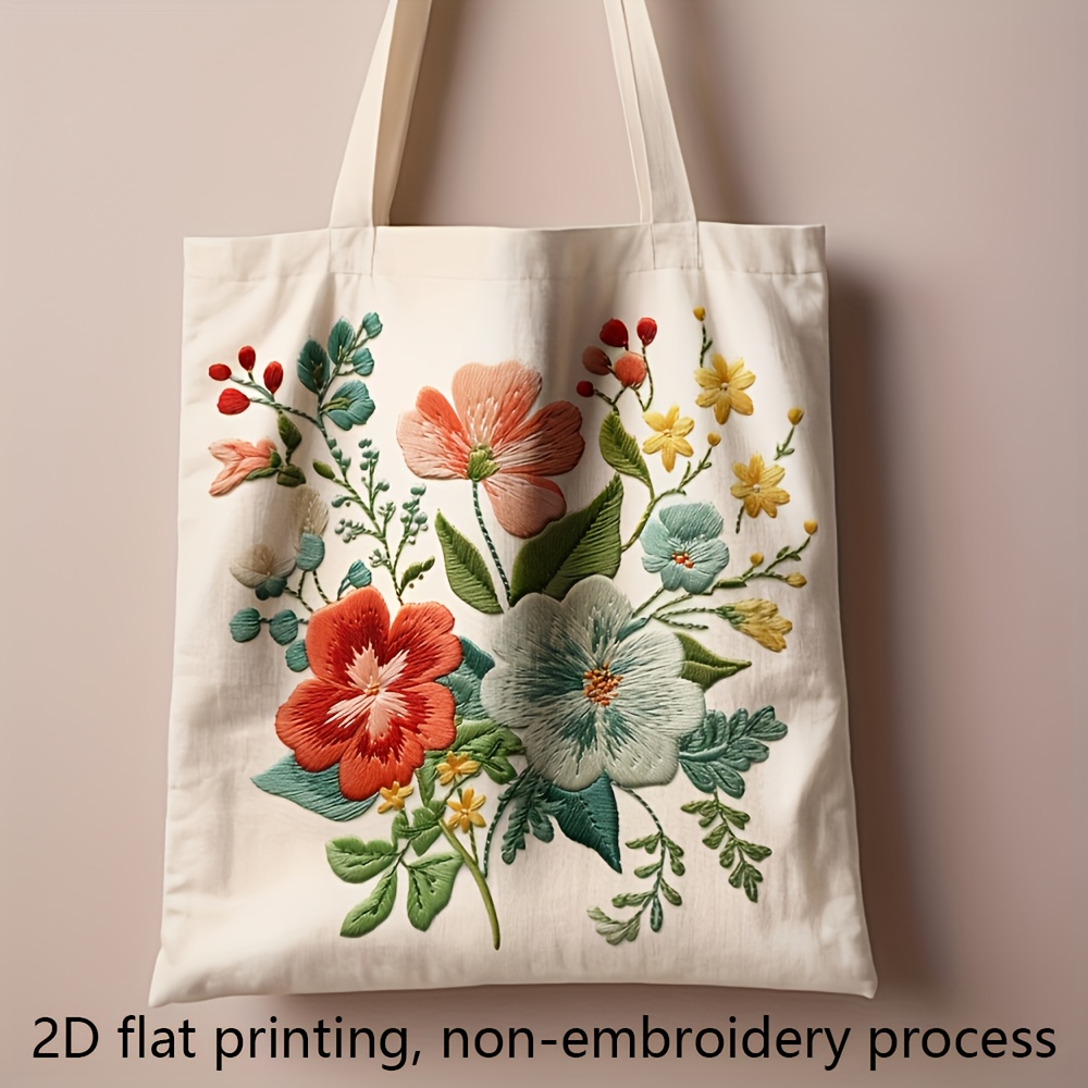1pc floral embroidery canvas tote bag reusable stylish grocery shopping bag with vibrant   blue flowers 13 8 x15 8   daily use commuting beach   and gifts for women versatile carryall vibrant tote bag leakproof desig