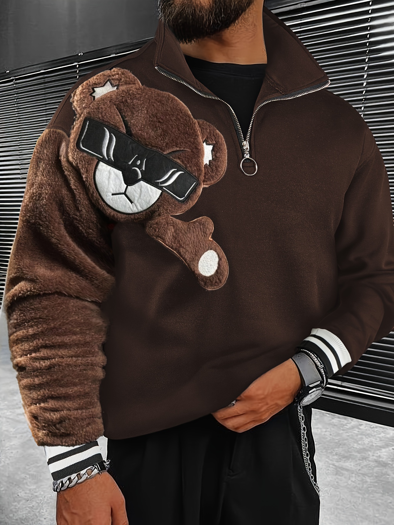 *'* Piece Bear Embroidery Contrast Color Stand Collar Zipper Hoodie, Casual  Fashion Long Sleeve Fleece Jacket, Spring and Autumn Outdoor Spor